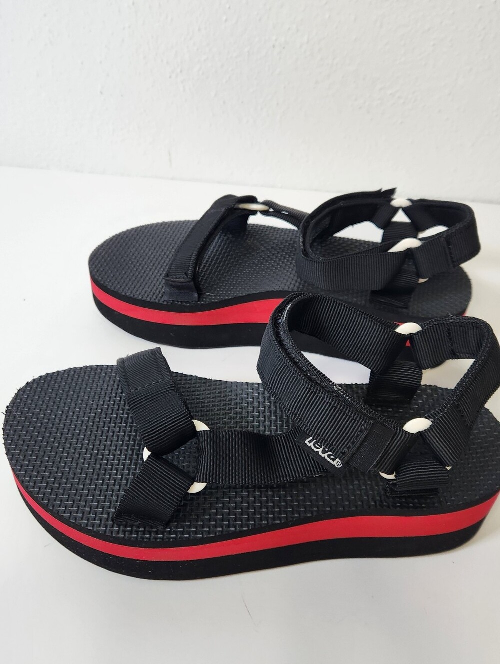 Teva Black Strappy Platform Sandals with Red Stripe - Picture 2 of 13